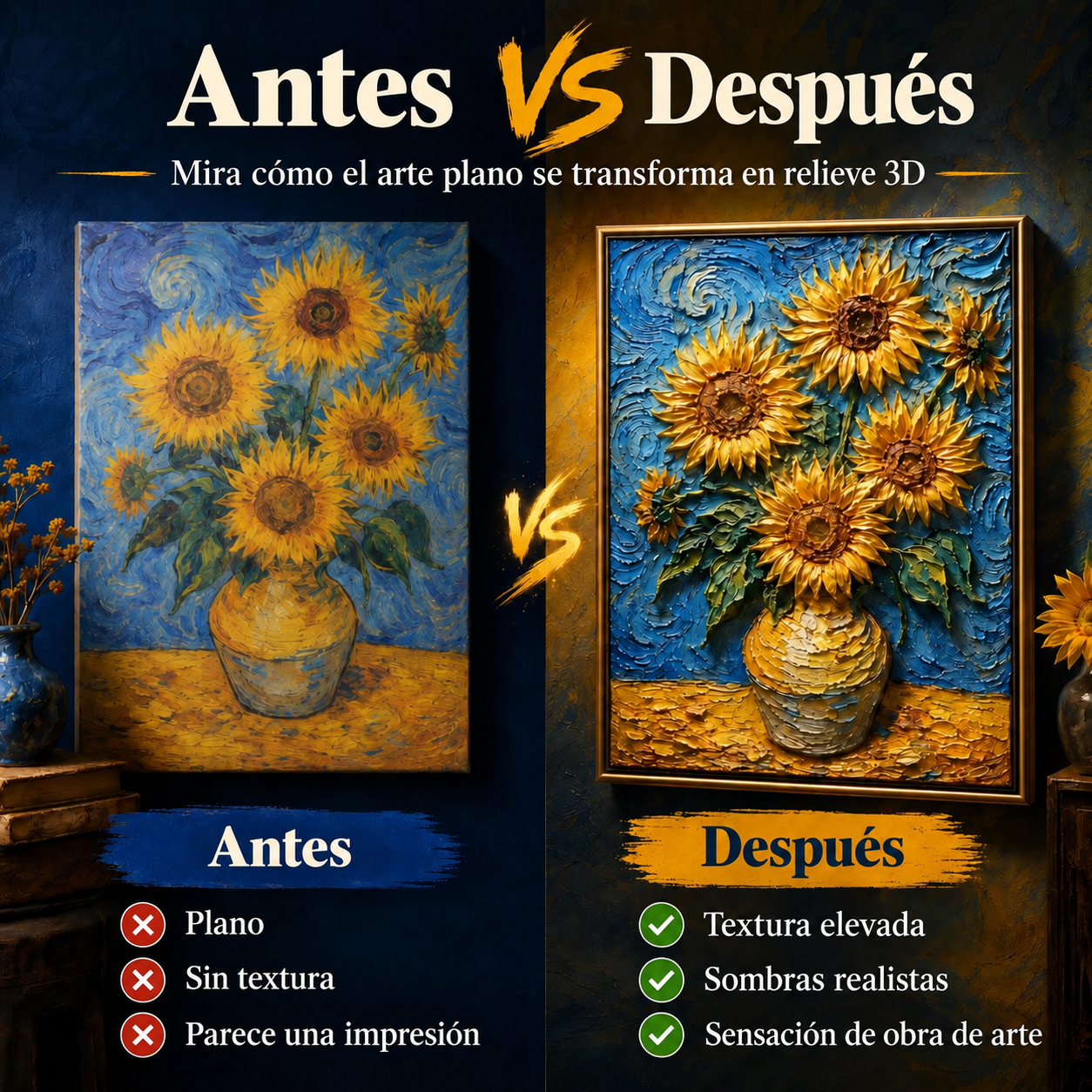 Arte antes y después de aplicar relieve 3D